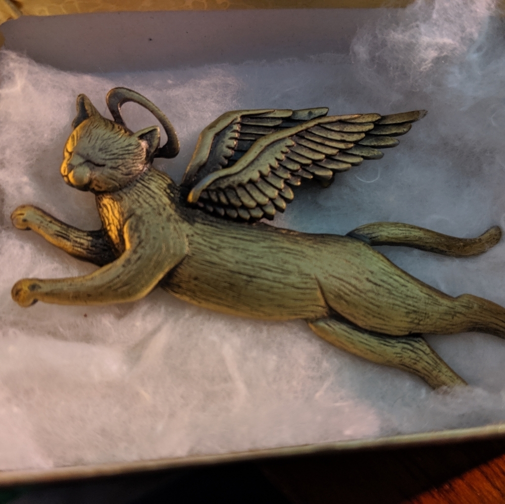 Vintage Gold Winged Angel Cat W Halo by JJ Jonette